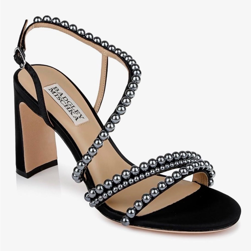 Badgley Mischka Black Beaded Strappy Block Heel Sandals